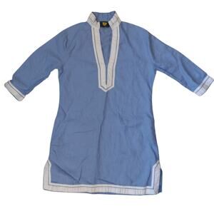 Guru New York blue white trim linen 3/4 sleeve tunic dress SIZE M